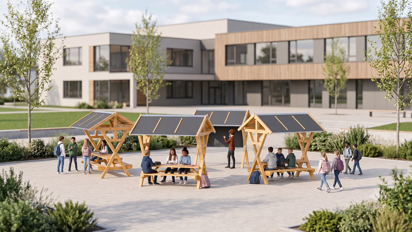 Ensemble aus drei überdachten Waldschänken mit Außentafel als grünes Klassenzimmer vor einem Schulgebäude