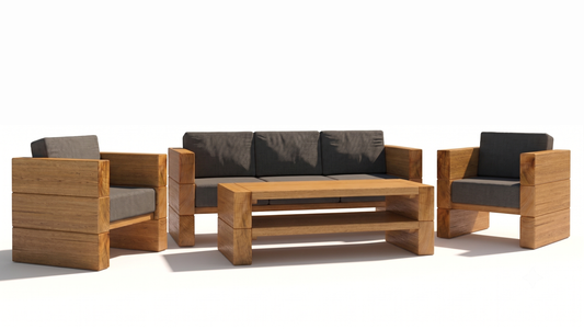Massivholz-Lounge aus Eiche mit anthrazitfarbenen Polstern – Balkenlounge Set
