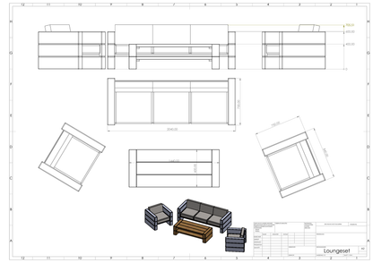Maßzeichnung der Balkenlounge: Sofa 204 × 75 cm, Sessel 84 × 75 cm, Tisch 144 × 60 cm