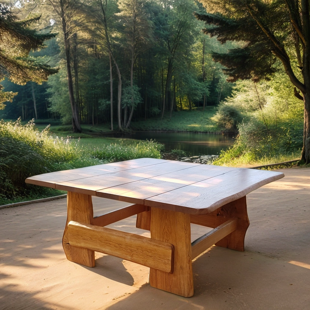 Massiver Eichentisch 180 × 180 cm geölt auf einer Terrasse am See
