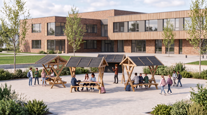 Grünes Klassenzimmer Komplettpaket mit drei überdachten Sitzgruppen und Außentafel auf einem Schulhof