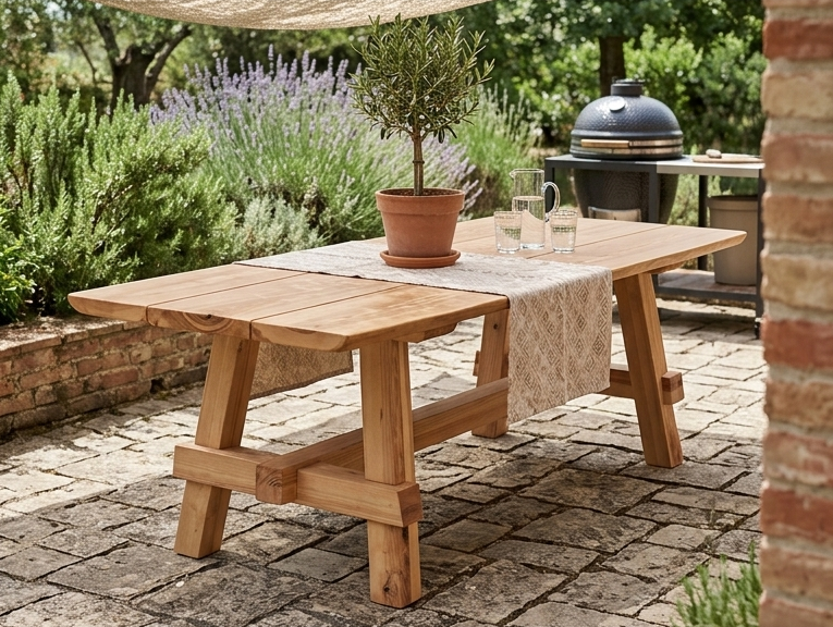 Tisch Corina aus massiver Esche auf einer Terrasse – Esstisch 200 cm farblos geölt