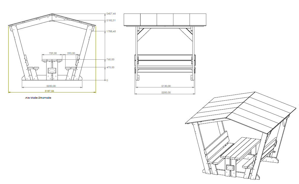Waldschänke Klaus Douglasie – technische Zeichnung mit Maßen (Breite 3187 mm, Höhe 2427 mm, Sitzgruppe 2200 x 2200 mm)