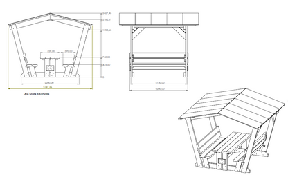 Waldschänke Klaus Douglasie – technische Zeichnung mit Maßen (Breite 3187 mm, Höhe 2427 mm, Sitzgruppe 2200 x 2200 mm)